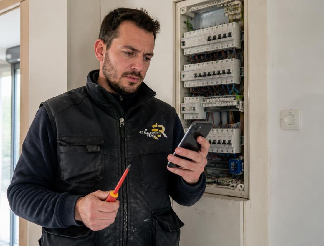 Électricien devant un tableau électrique répondant à un appel sur son téléphone